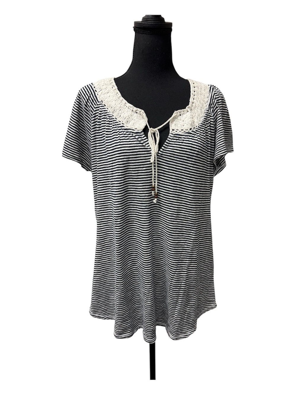 NWT Lucky Brand Crochet Trim Striped Boho Peasant Top XXL Navy Cream